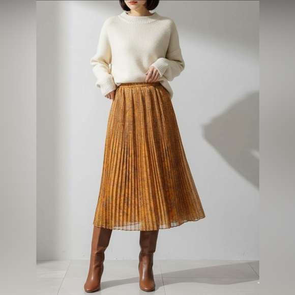 MANGO Mustard Floral Print Pleated Chiffon Tie & Elastic Waist Midi Skirt Sz M - Picture 2 of 14